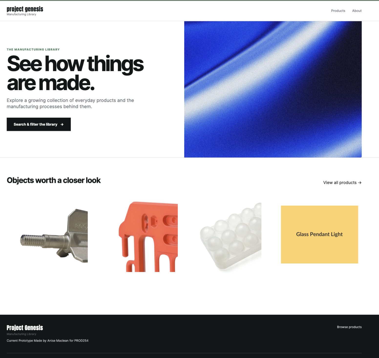 Project Genesis manufacturing library home page showing an image-led hero and featured products