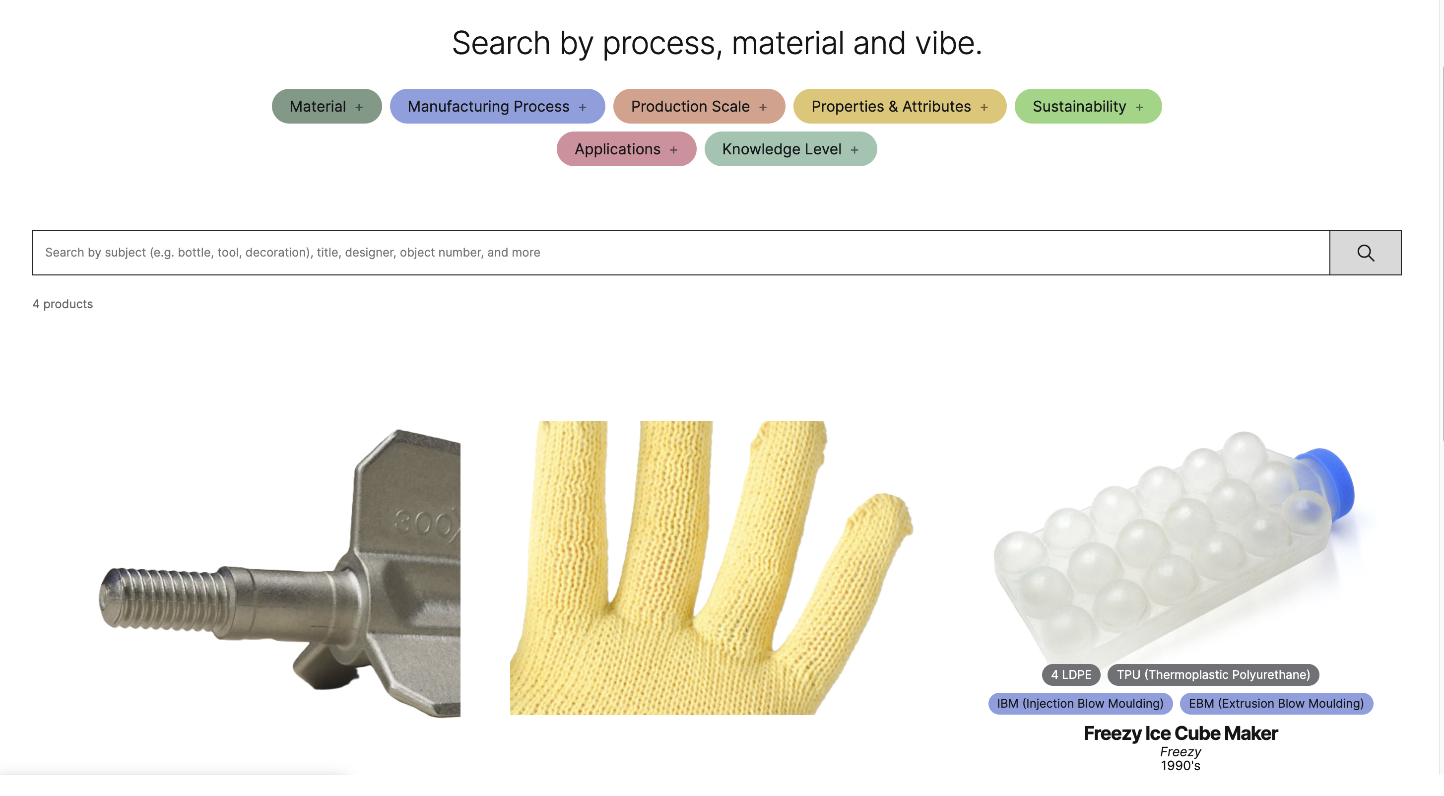 Search and filter interface for Barro's Manufacturing Library
